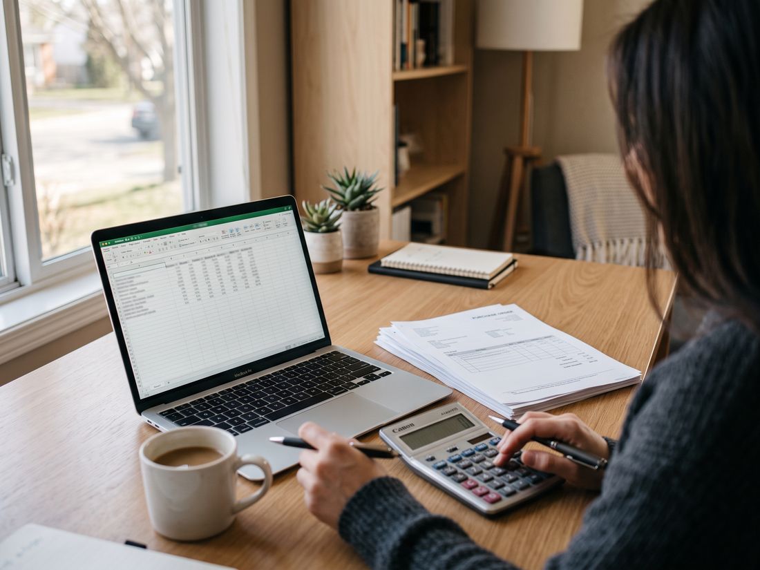 Reviewing purchase order paperwork against a spreadsheet at an office desk